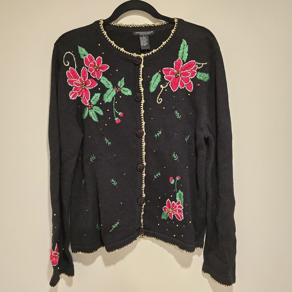 Christmas Sweater Cardigan Large Women Vintage 90s Embroidered Beaded Poinsettia